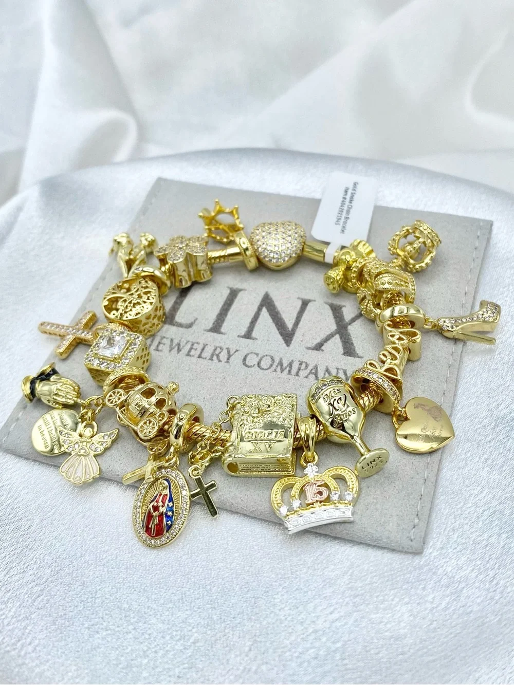 Linx Gold Snake Chain Charm Bracelet with Religious Quinceanera Themed Charms
